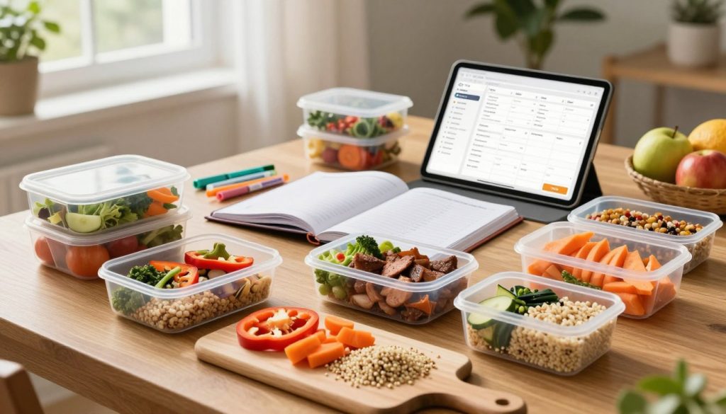 A beautifully arranged healthy meal planning scene, featuring a wooden table set with colorful meal prep containers filled with fresh vegetables, lean proteins, and whole grains. In the foreground, a stylish cutting board displays chopped ingredients like bell peppers, carrots, and quinoa. The middle layer features an organized planner open with colorful markers and a digital tablet displaying a meal planning app. In the background, soft lighting from a nearby window creates a warm, inviting atmosphere, with green plants and a fruit bowl adding a natural touch. The overall mood is productive and inspiring, showcasing a comprehensive approach to meal planning without any distractions.