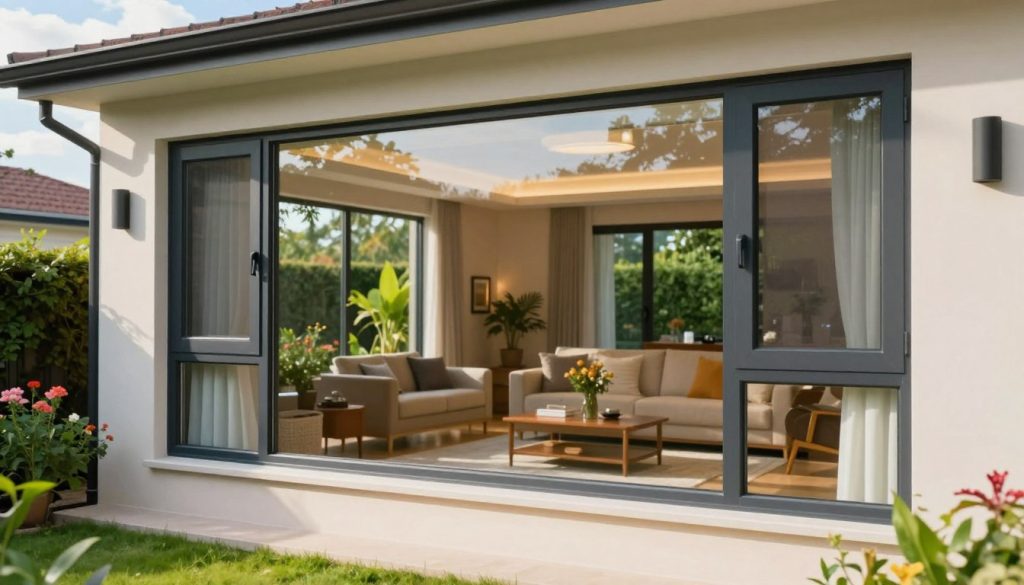 A modern home showcasing energy efficient windows, prominently featured in the foreground with sleek frames and triple-pane glass reflecting sunlight. The windows exhibit a clear view of a vibrant garden outside, lush greenery, and blooming flowers that symbolize comfort and energy savings. In the middle ground, the cozy interior is softly illuminated, showcasing a well-decorated living room with tasteful furnishings and energy-efficient lighting. In the background, a blue sky with fluffy clouds hints at natural light optimization, creating an inviting atmosphere. The scene should be captured with a soft depth of field from a slightly elevated angle, evoking a sense of warmth, tranquility, and modern elegance in home design.
