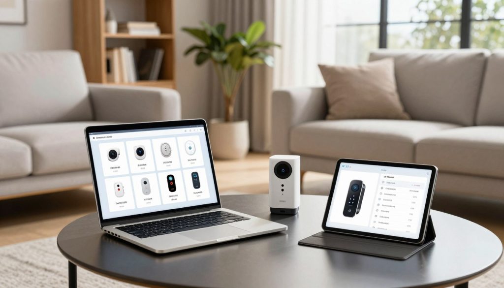 A modern living room setting showcasing a detailed comparison of home security features. In the foreground, a sleek coffee table holds a laptop displaying a comparison chart of various security systems, featuring icons like cameras, alarms, and smart locks. To the right, a tablet shows a side-by-side comparison of specifications. In the middle ground, a stylish sofa and a well-organized bookshelf add warmth, while a potted plant introduces a touch of nature. The background features a large window with natural light pouring in, creating an inviting atmosphere. Soft shadows enhance the details, and the scene is captured from a slight overhead angle, giving a comprehensive view of the comparison tools. The overall mood is informative and professional, emphasizing the importance of making an educated choice in home security. A modern living room setting showcasing a detailed comparison of home security features. In the foreground, a sleek coffee table holds a laptop displaying a comparison chart of various security systems, featuring icons like cameras, alarms, and smart locks. To the right, a tablet shows a side-by-side comparison of specifications. In the middle ground, a stylish sofa and a well-organized bookshelf add warmth, while a potted plant introduces a touch of nature. The background features a large window with natural light pouring in, creating an inviting atmosphere. Soft shadows enhance the details, and the scene is captured from a slight overhead angle, giving a comprehensive view of the comparison tools. The overall mood is informative and professional, emphasizing the importance of making an educated choice in home security.