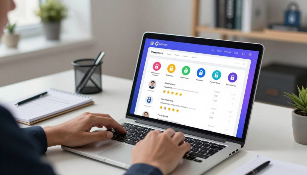 A modern password manager interface displayed on a sleek laptop in a well-lit office environment, focusing on vibrant colors and clear icons symbolizing security. In the foreground, a pair of professional hands, dressed in smart business attire, navigate through a digital dashboard showcasing user reviews and star ratings for various password managers. The middle ground features an organized desk with cybersecurity-themed items, like a keyboard and notepad with security tips. The background highlights a blurred image of a modern workspace, with shelves holding books on technology and security, creating a productive atmosphere. The lighting is bright and inviting, enhancing the feeling of safety and organization, conveying the importance of managing online passwords effectively. A modern password manager interface displayed on a sleek laptop in a well-lit office environment, focusing on vibrant colors and clear icons symbolizing security. In the foreground, a pair of professional hands, dressed in smart business attire, navigate through a digital dashboard showcasing user reviews and star ratings for various password managers. The middle ground features an organized desk with cybersecurity-themed items, like a keyboard and notepad with security tips. The background highlights a blurred image of a modern workspace, with shelves holding books on technology and security, creating a productive atmosphere. The lighting is bright and inviting, enhancing the feeling of safety and organization, conveying the importance of managing online passwords effectively.