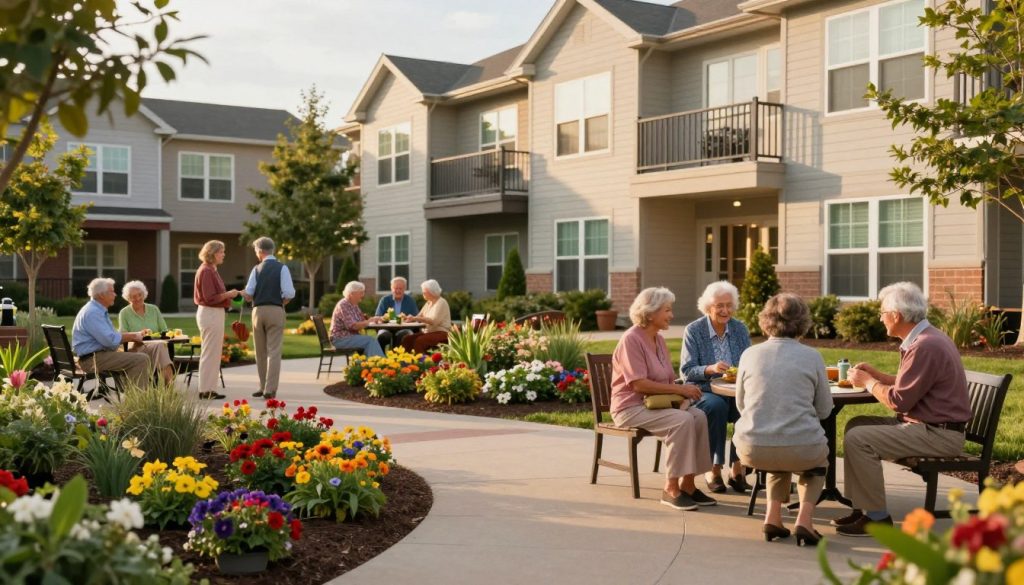 A serene and inviting senior living community showcases a beautifully landscaped courtyard in the foreground, featuring vibrant flowers and well-maintained walking paths. In the middle ground, a diverse group of seniors engaged in social activities like gardening and chatting on benches, all dressed in comfortable yet professional clothing. In the background, modern, sunlit apartment buildings with large windows and welcoming porch areas are visible. Soft, natural lighting emphasizes the warmth of a late afternoon, casting gentle shadows. The scene has a tranquil atmosphere, promoting a sense of community, safety, and connection among the residents, reflecting the diverse options available in senior housing. The image is free of any text or additional distractions.