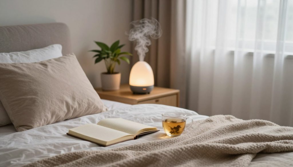 A serene bedroom scene focused on foundational sleep improvement habits. In the foreground, a comfortable bed dressed in soft, muted colors, featuring plush pillows and a cozy blanket. On the bedside table, a neatly placed journal and a calming herbal tea, suggesting a pre-sleep ritual. In the middle ground, a calming diffuser emits a gentle mist, with a few houseplants nearby to enhance relaxation. The background displays soft, natural light filtering through sheer curtains, creating a tranquil atmosphere. The angle is slightly elevated, capturing the entire serene environment. The overall mood is peaceful, evoking a sense of relaxation and comfort that encourages healthy sleep habits. A serene bedroom scene focused on foundational sleep improvement habits. In the foreground, a comfortable bed dressed in soft, muted colors, featuring plush pillows and a cozy blanket. On the bedside table, a neatly placed journal and a calming herbal tea, suggesting a pre-sleep ritual. In the middle ground, a calming diffuser emits a gentle mist, with a few houseplants nearby to enhance relaxation. The background displays soft, natural light filtering through sheer curtains, creating a tranquil atmosphere. The angle is slightly elevated, capturing the entire serene environment. The overall mood is peaceful, evoking a sense of relaxation and comfort that encourages healthy sleep habits.