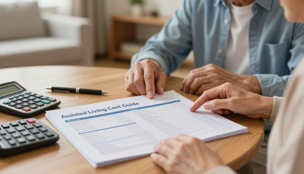 A visually engaging scene representing an "Assisted Living Cost Guide." In the foreground, a well-organized desk displays a detailed brochure about assisted living costs, alongside a calculator and a pen, suggesting the act of budgeting. In the middle ground, there are gentle hands of a senior couple reviewing the guide together, both dressed in modest casual clothing, expressing a sense of collaboration and understanding. The background features a soft-focus view of a cozy assisted living environment, with warm lighting that creates a peaceful and inviting atmosphere. The lens captures the scene from a slightly elevated angle to emphasize the importance of financial planning while maintaining a sense of warmth and assurance in the assisted living experience.